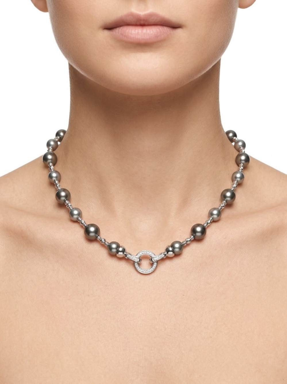 Tahitian Pearl and  Silver Necklace - Elegant Grey Pearl Strand